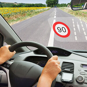 Driving car metion 90 speed limit in windshield