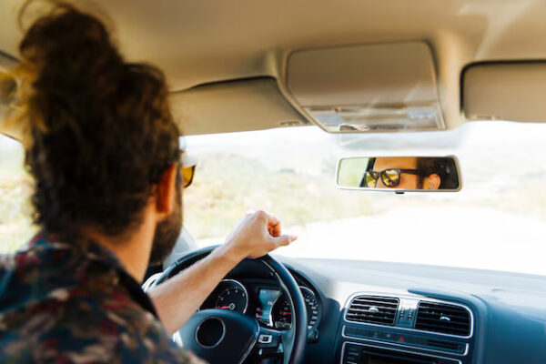 Man driving car with scenic road view.