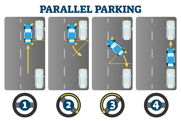 Student practicing parallel parking maneuver with driving instructor guidance