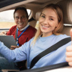 Smiling woman in car with instructor giving thumbs up.