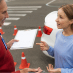 Driving instructor with student next to car