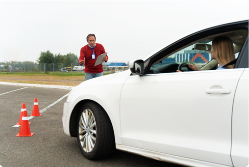 Man in red shirt guiding woman
